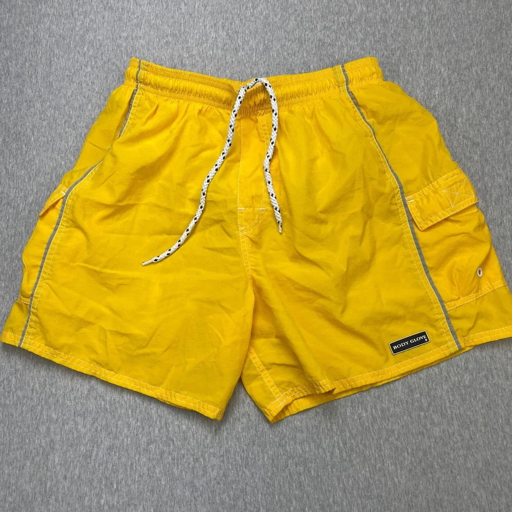 Body Glove Mens Yellow Nylon Swim Trunks Cargo Pocket Mesh Lined Large BG169MS